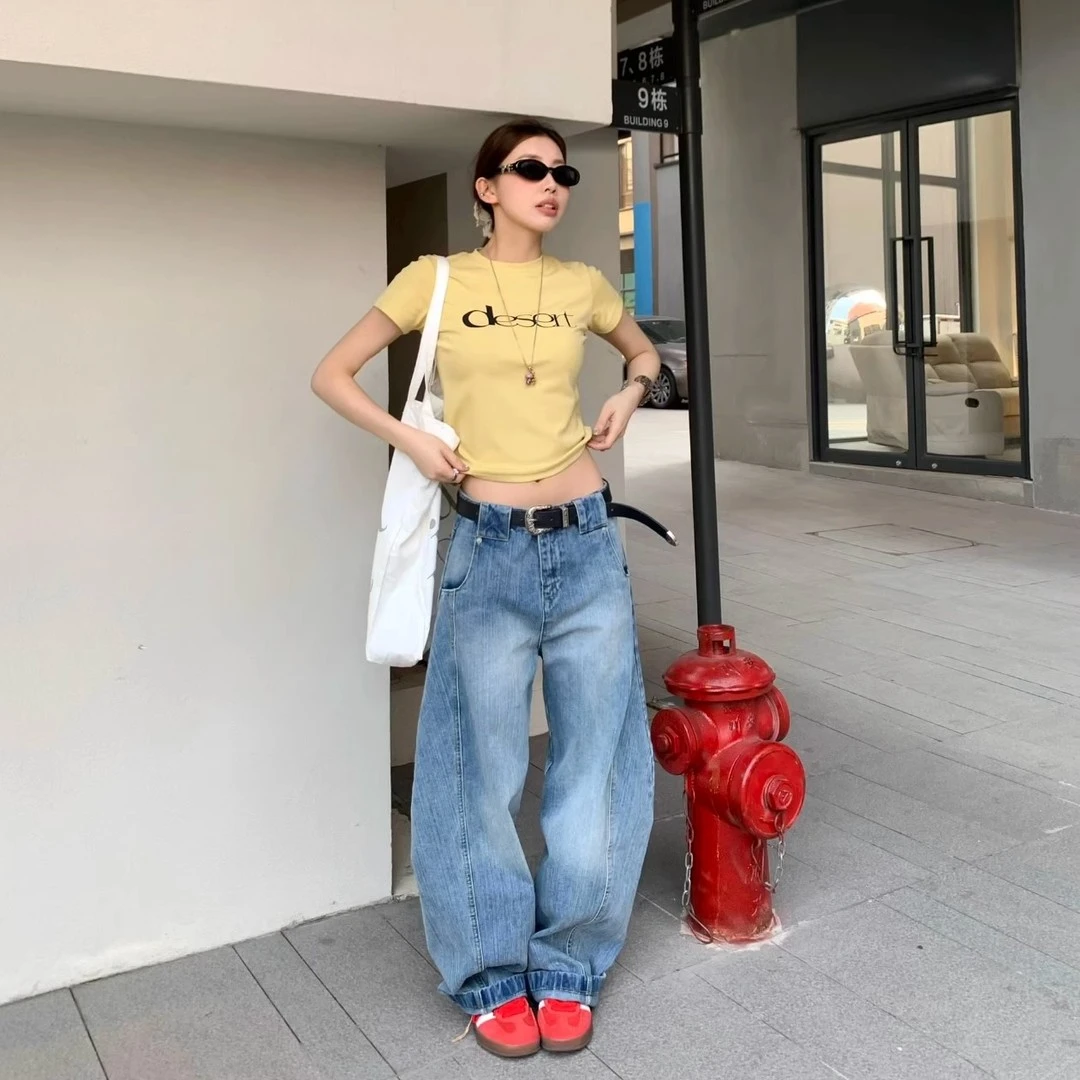 美式复古弯刀牛仔裤女秋季2025新款高腰宽松显瘦垂感阔腿镰刀裤子