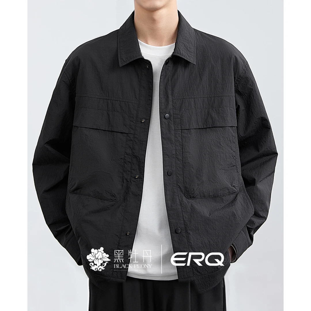 ERQ[薄款棉服]商务男士春秋外套黑色宽松翻领美式防风夹克休闲