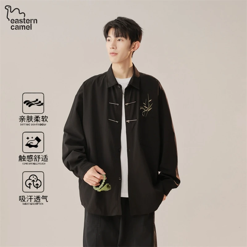 东方骆驼复古新中式刺绣长袖衬衫男士秋季宽松亲肤柔软中国风衬衣