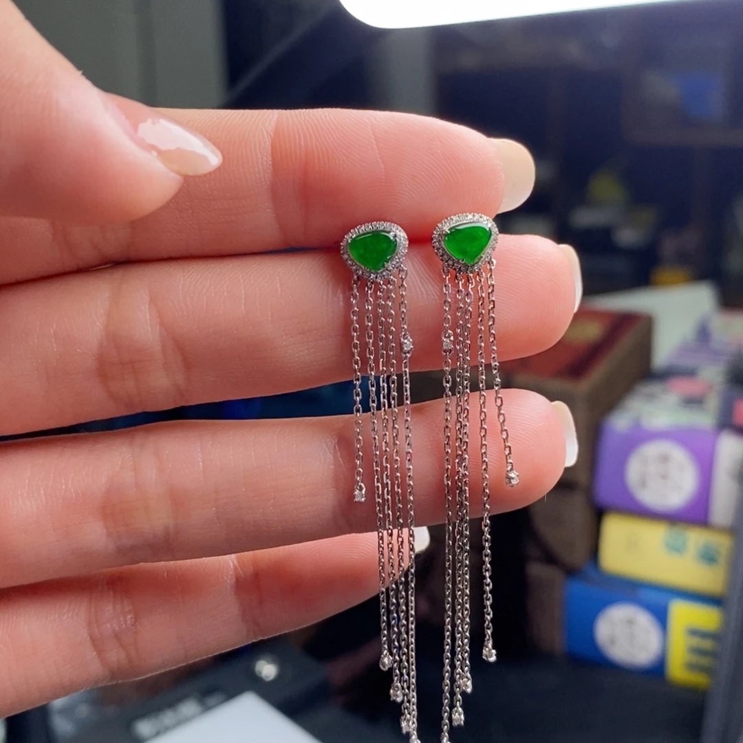 翡翠18K金镶嵌耳饰阳绿流苏耳环