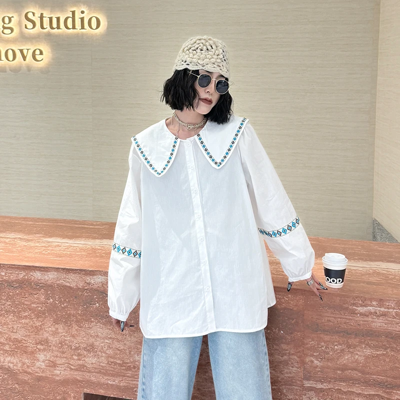 大码女装娃娃领长袖衬衫120斤到260斤上衣女胖mm宽松显瘦遮肉秋季