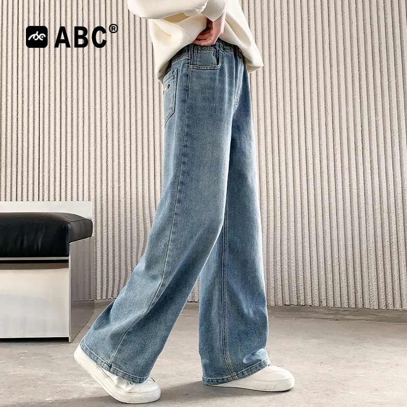 ABC品牌春秋6-12岁女童牛仔裤儿童秋装长裤子中大童春季阔腿裤潮