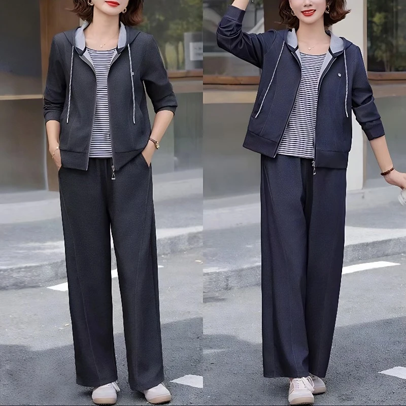 2025妈妈装春秋新款时尚运动休闲洋气连帽卫衣外套阔腿裤两件套