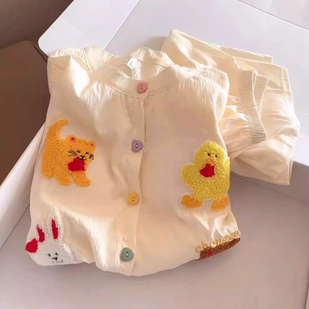 带胸垫睡衣女夏季三件套云朵棉甜美可爱卡通少女刺绣可外穿家居服