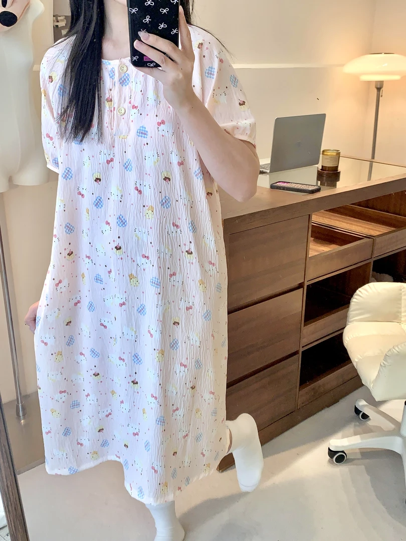 粉粉Kitty圆领睡裙可爱卡通凯蒂猫睡衣女夏季新款短袖短裤睡裙