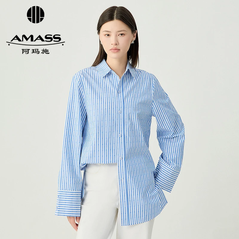 阿玛施AMASS新款女装时尚百搭廓形条纹气质休闲随性衬衫女5301070