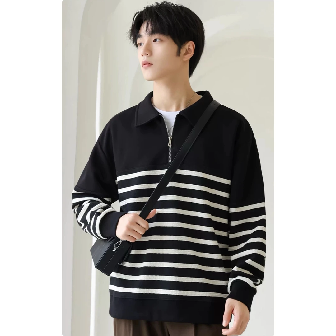 秋冬季毛衣开衫外套男士半拉链条纹宽松新款毛线衫休闲百搭针织衫