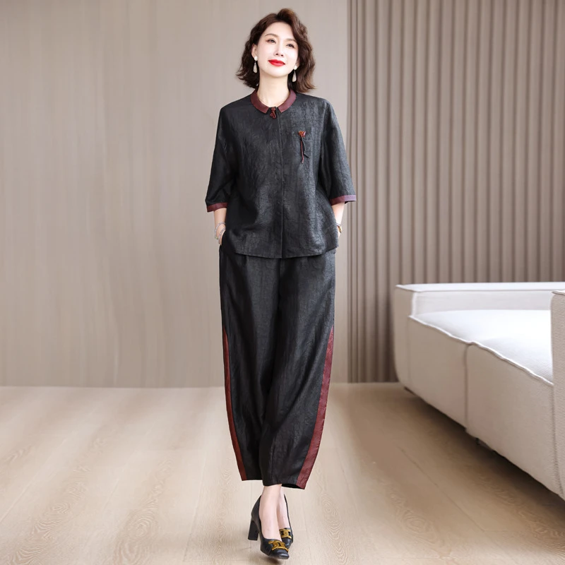 高品质减龄中年女新中式香云纱国风真丝衬衫桑蚕丝哈伦裤两件套装