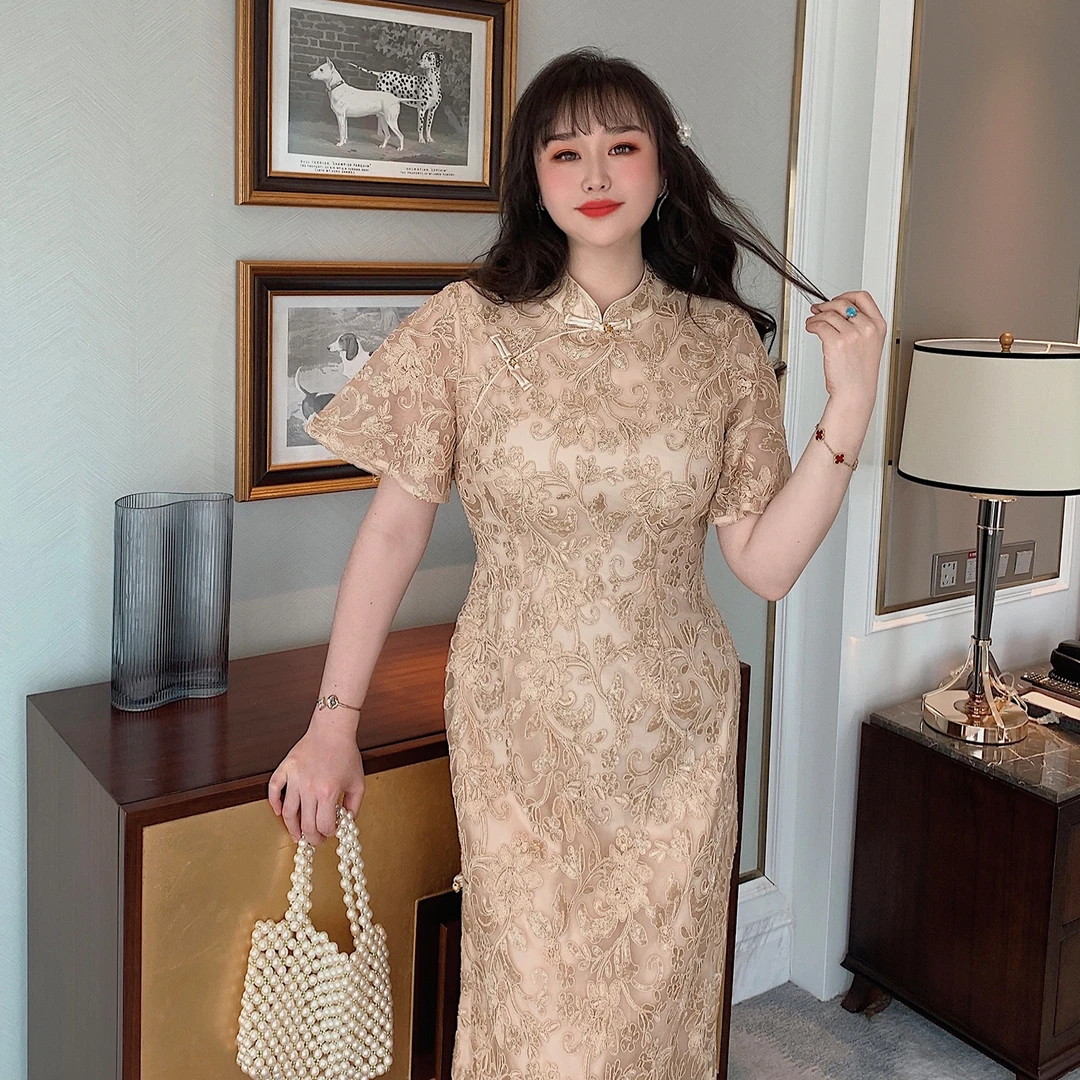 GLEC大码女装2025年夏新款刺绣复古改良版旗袍连衣裙大码胖mm显瘦