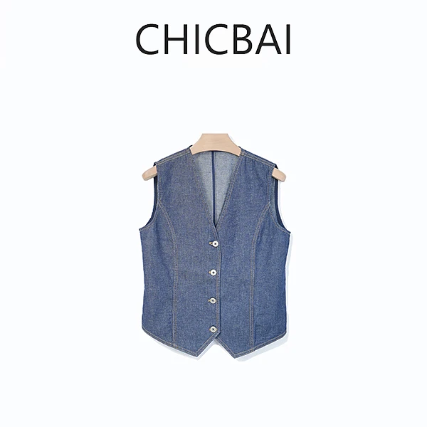 CHICBAI “超薄牛仔” 天然棉麻原牛色设计感牛仔马甲