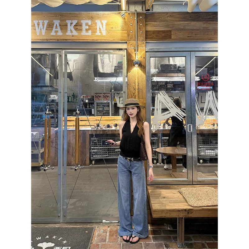 法式V领黑色挂脖吊带背心收腰显瘦无袖上衣牛仔裤垂感阔腿长裤女