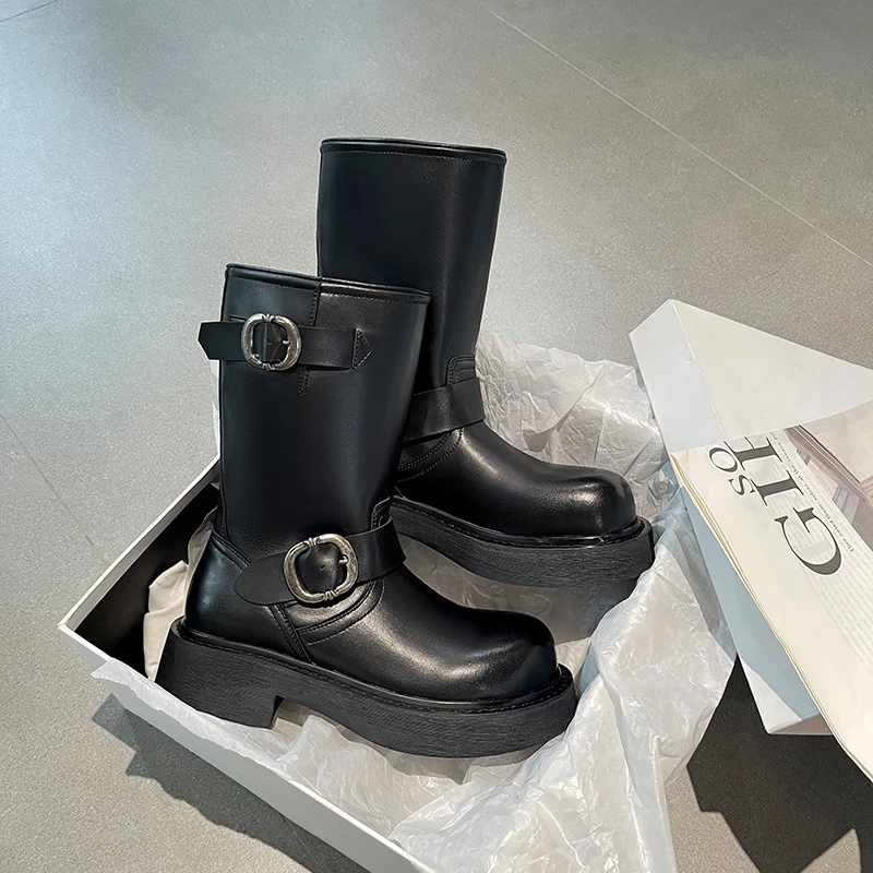 金属扣厚底短靴女小个子增高瘦瘦靴复古马丁靴CQ-W8887