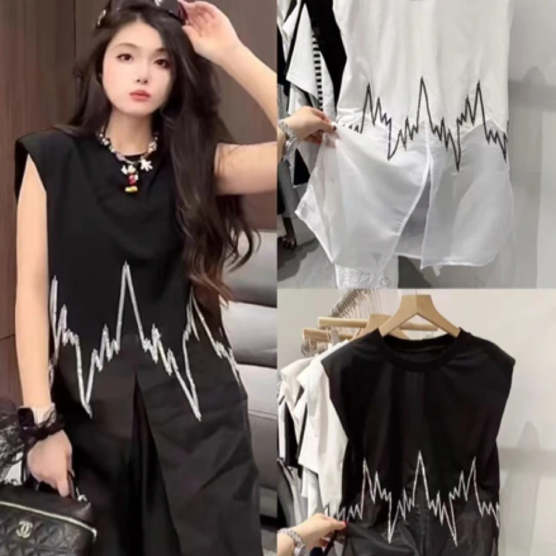欧货设计款坎袖拼接中长款显瘦T恤衫