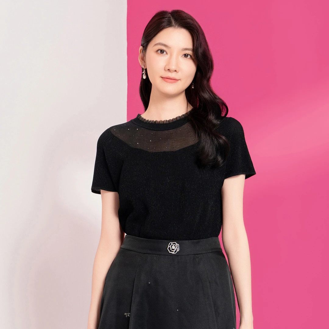 【晨粉专享价】珂莱蒂尔25年夏新款短袖针织衫优雅气质网纱修身显瘦