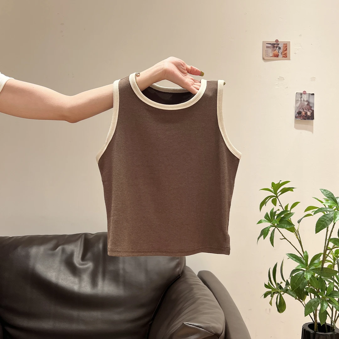 美式复古咖啡色无袖工字背心女夏季新款百搭修身显瘦甜辣妹小上衣