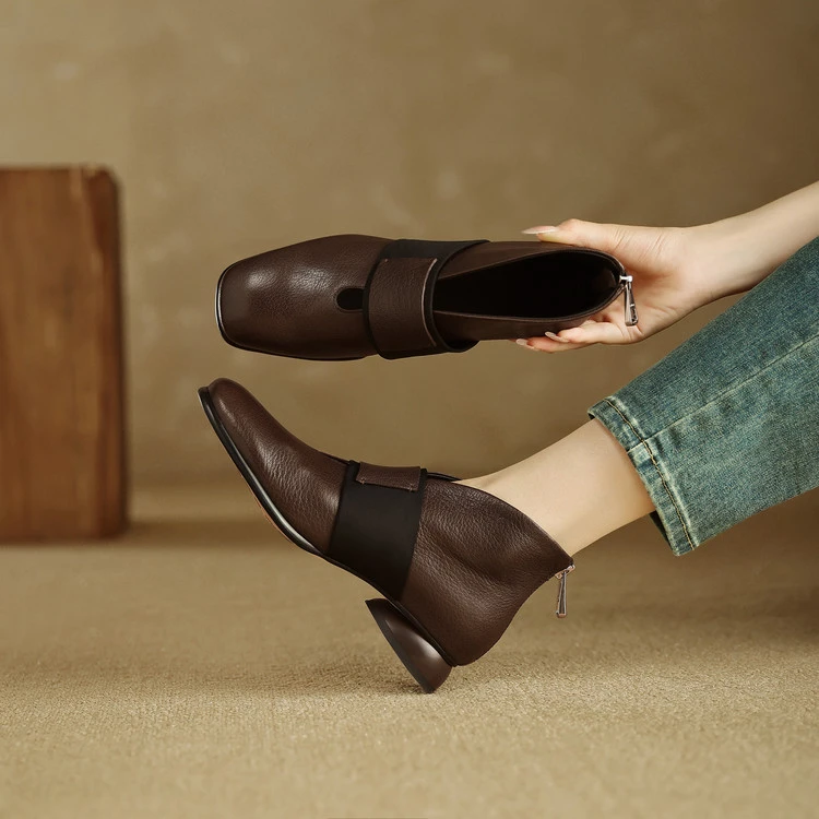 3cm 法式气质百搭粗跟短靴秋冬英伦风通勤休闲简约时尚软底及裸靴