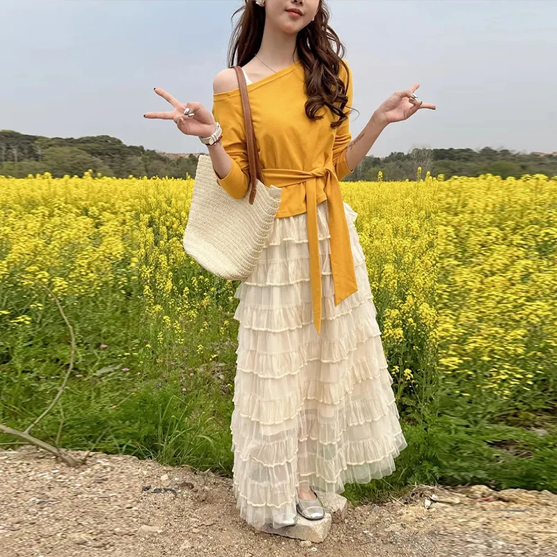 韩版设计感斜肩绑带长袖T恤收腰系带露肩上衣+网纱蛋糕裙半身裙潮