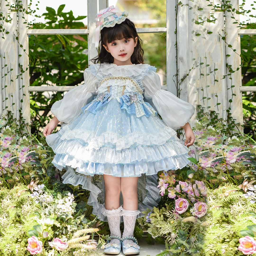 女童四季洛丽塔公主裙新款女孩洋气生日礼服连衣裙蝴蝶拖尾蓬蓬裙