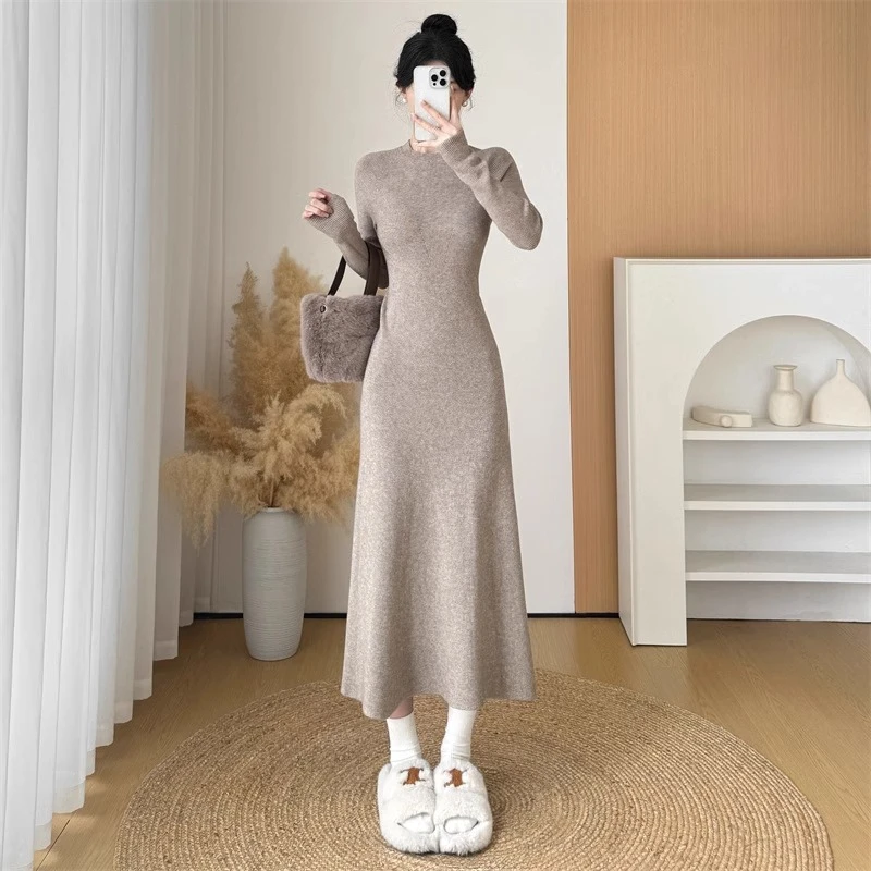 #003收腰显瘦针织连衣裙女秋冬新款长款毛衣裙过膝内搭长裙配大衣