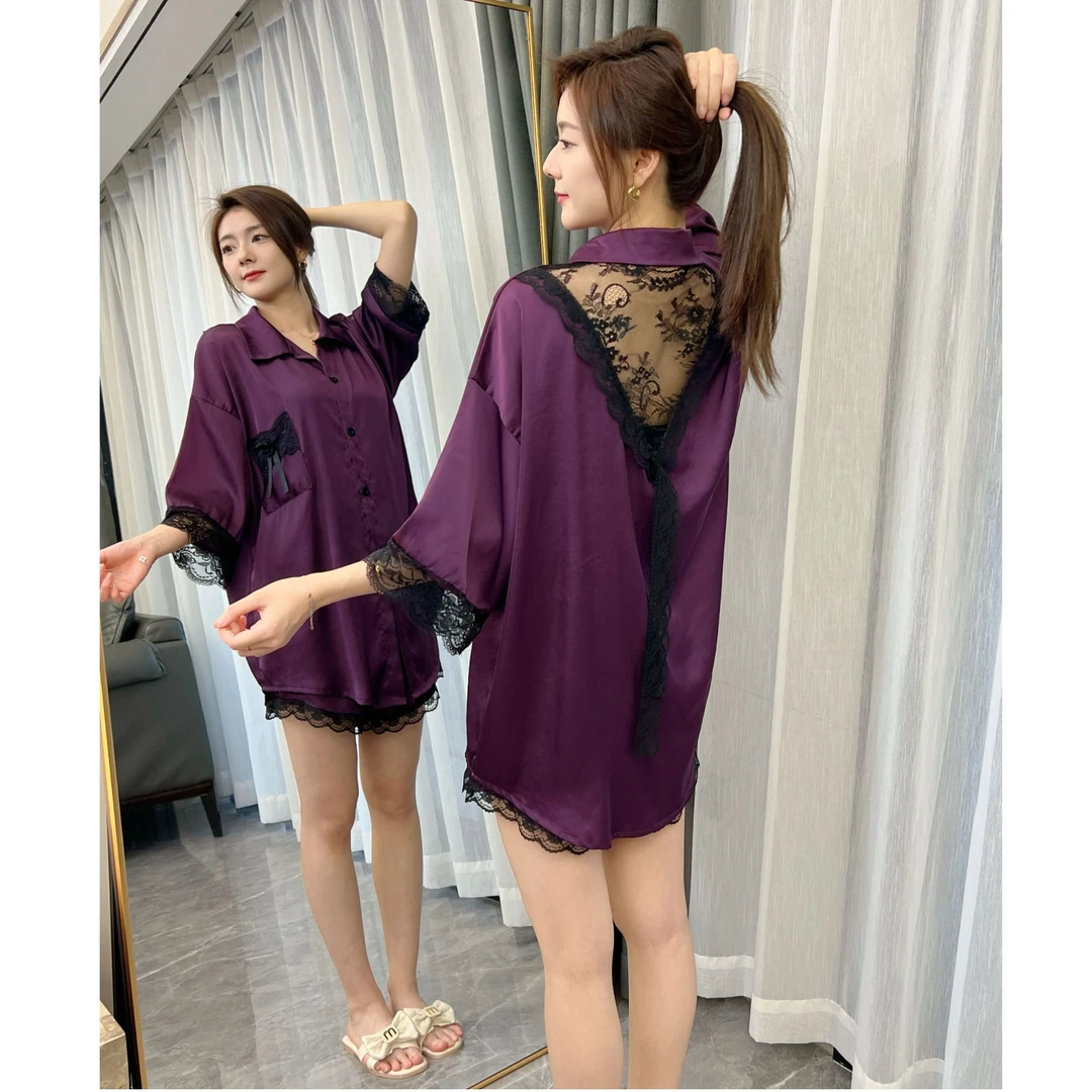 冰雪丝紫色后黑蕾丝家居套装