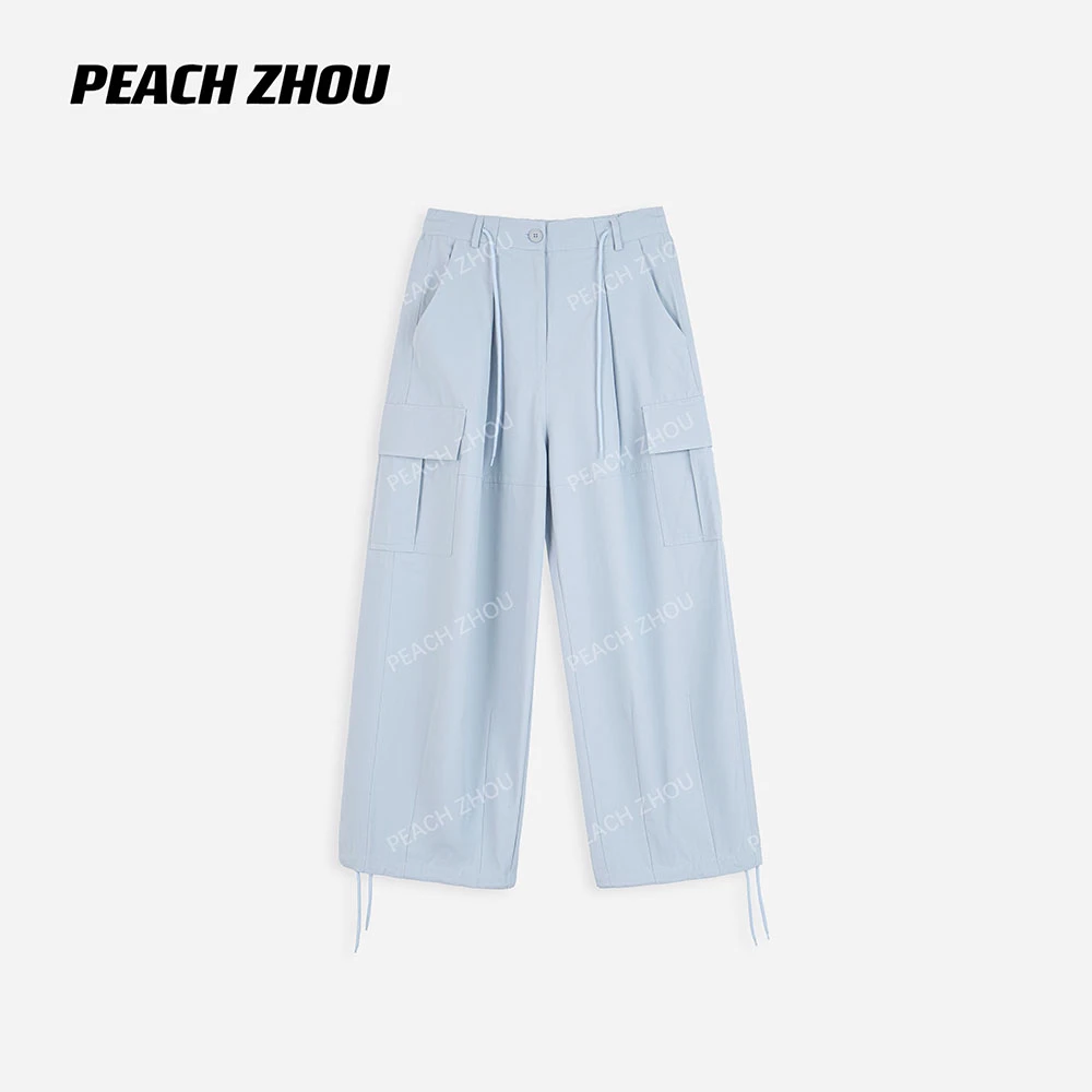 『PEACHZHOU』洗水珠纹软帆布口袋宽松工装裤抽绳松紧腰休闲阔腿裤