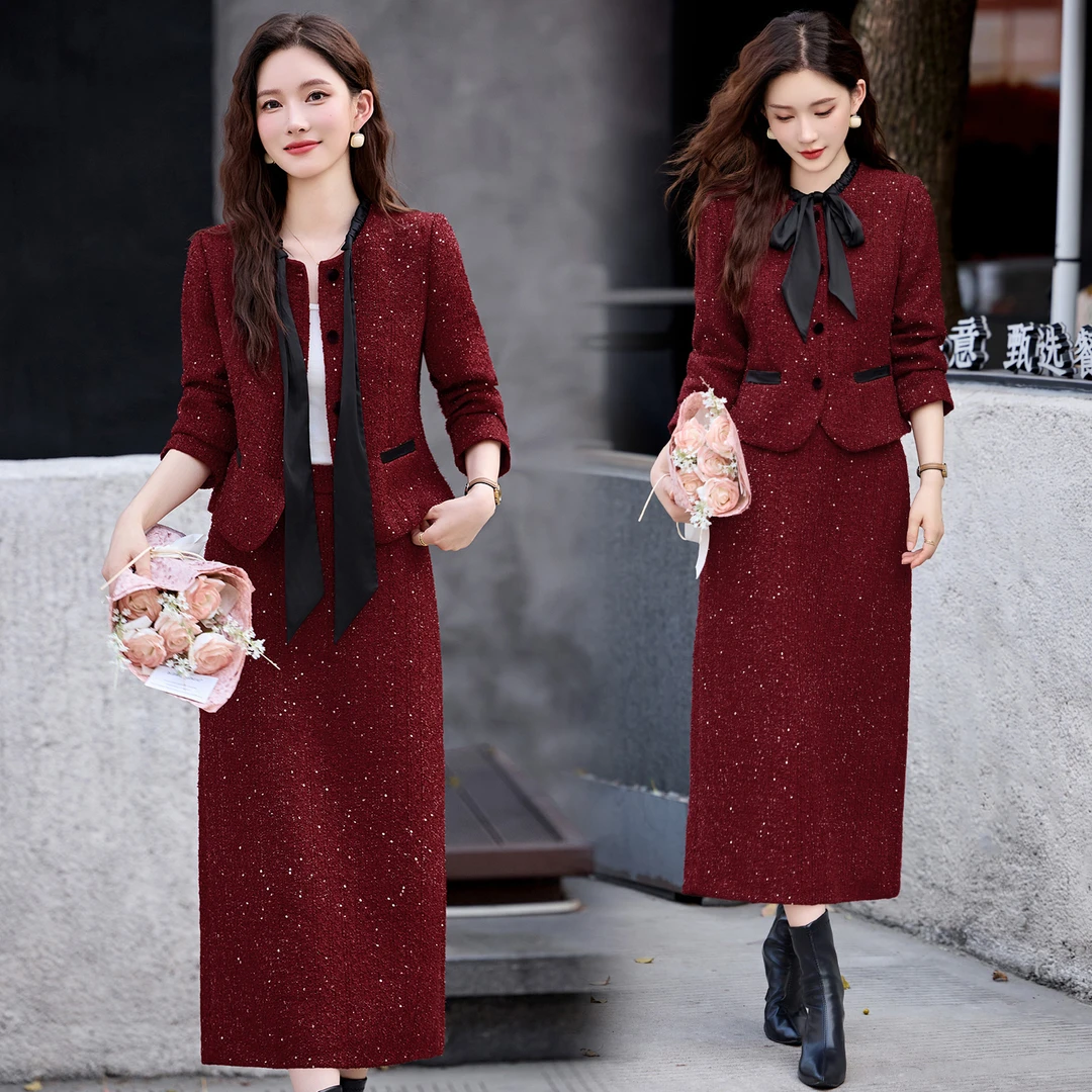 法式小香风亮片毛呢套装裙女2025秋冬新款名媛风气质半身裙两件套