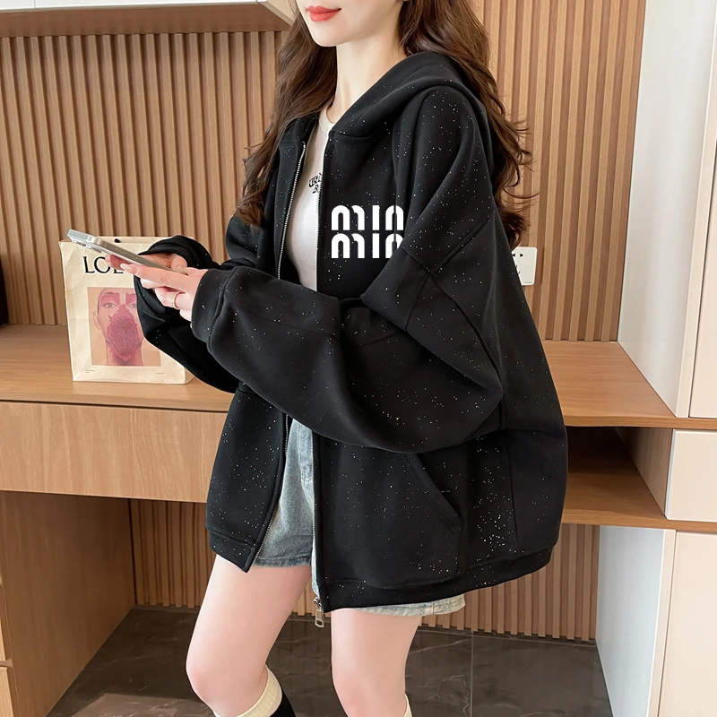 亮闪闪连帽加绒保暖外套女秋冬新款韩版时尚宽松大码洋气开衫上衣