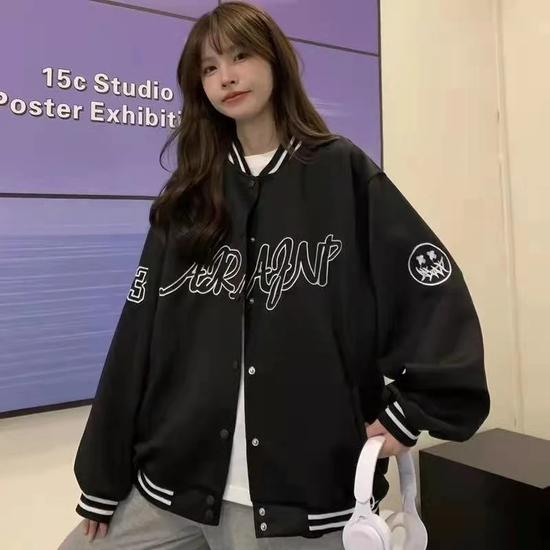 棒球服夹克外套少女春秋初中高中学生宽松韩版bf早秋复古薄款美式