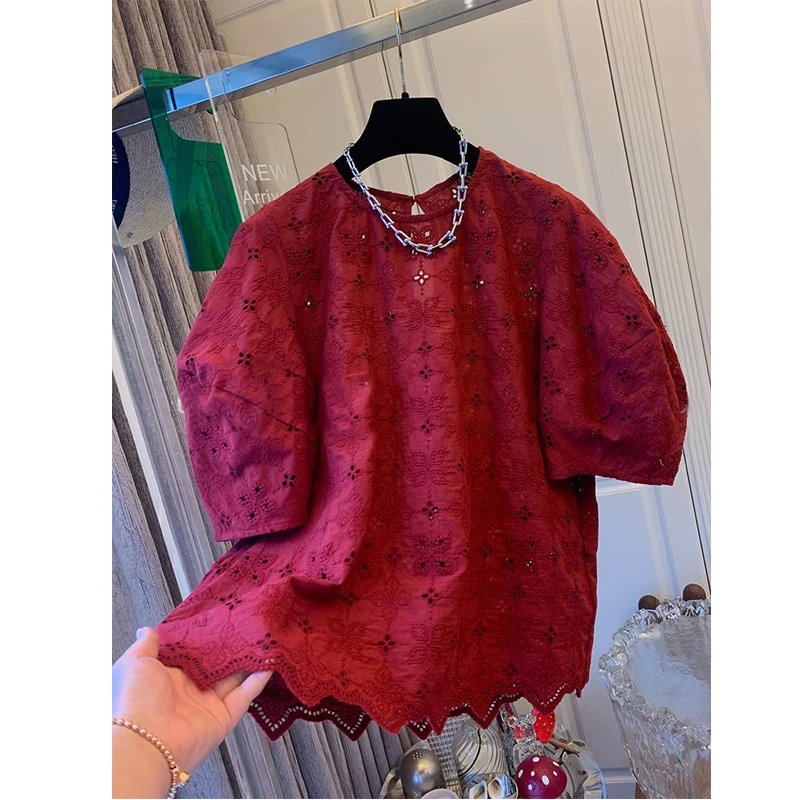 夏季新款高级感法式镂空蕾丝刺绣泡泡袖减龄衬衫上衣女红色娃娃衫