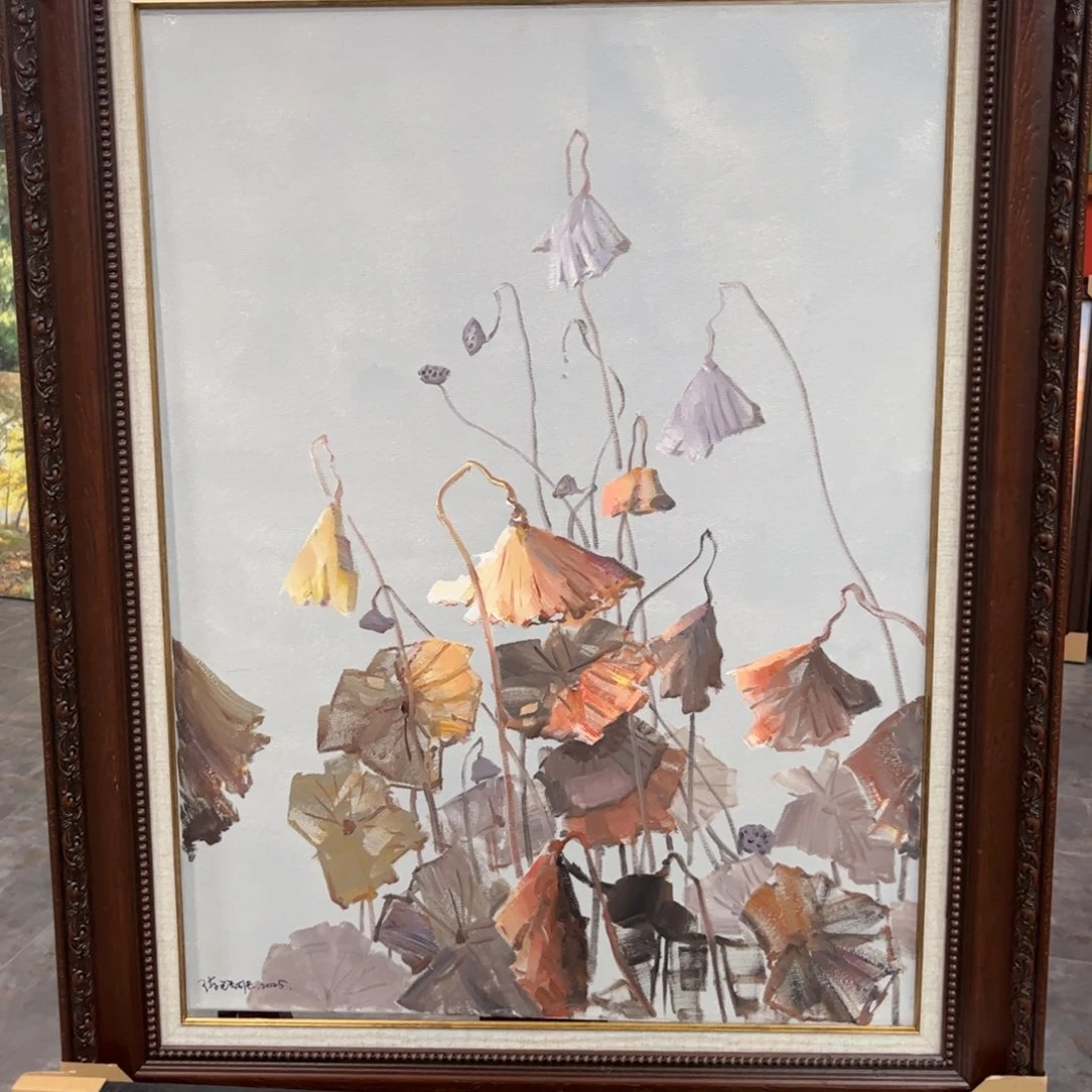 油画晚荷纯手绘油画带实木框