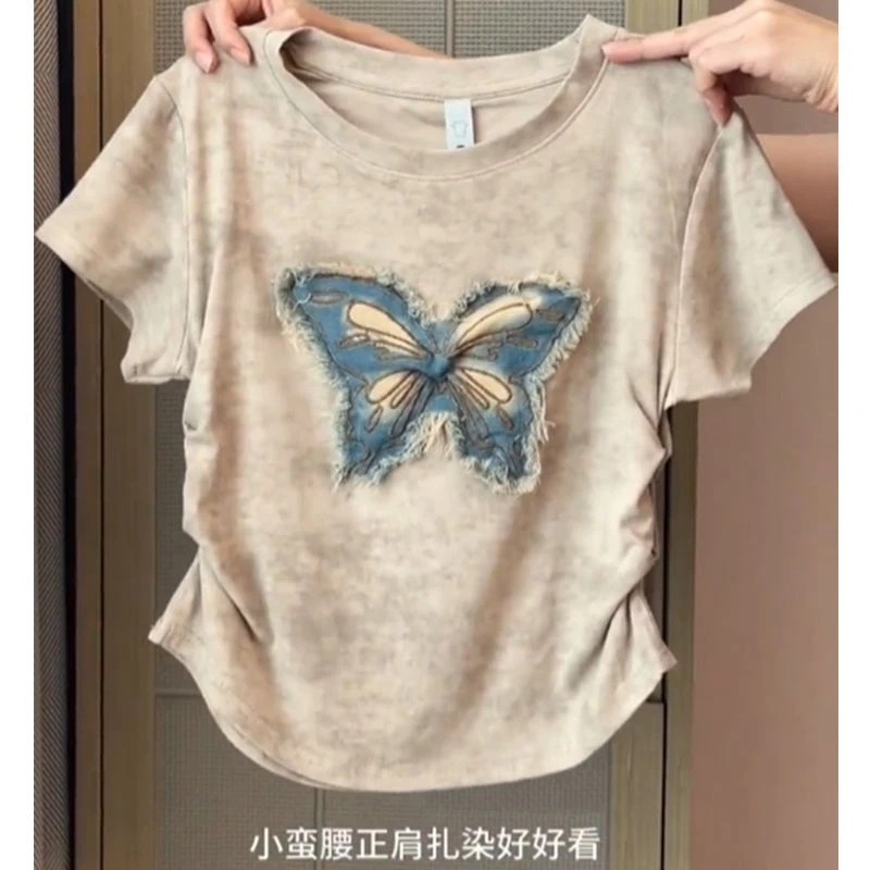 大码胖mm200斤独特休闲扎染正肩短袖t恤女显瘦学生韩版好看上衣夏