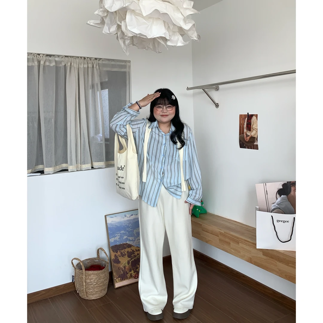 QINGYUS-新款条纹衬衫气质休闲港风翻领正肩春季微胖显瘦大码女装