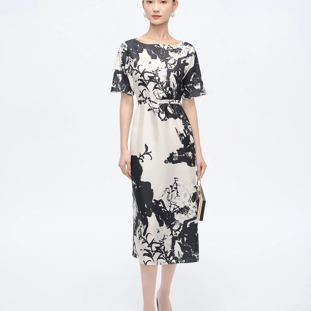 100%桑蚕丝新中式印花连衣裙