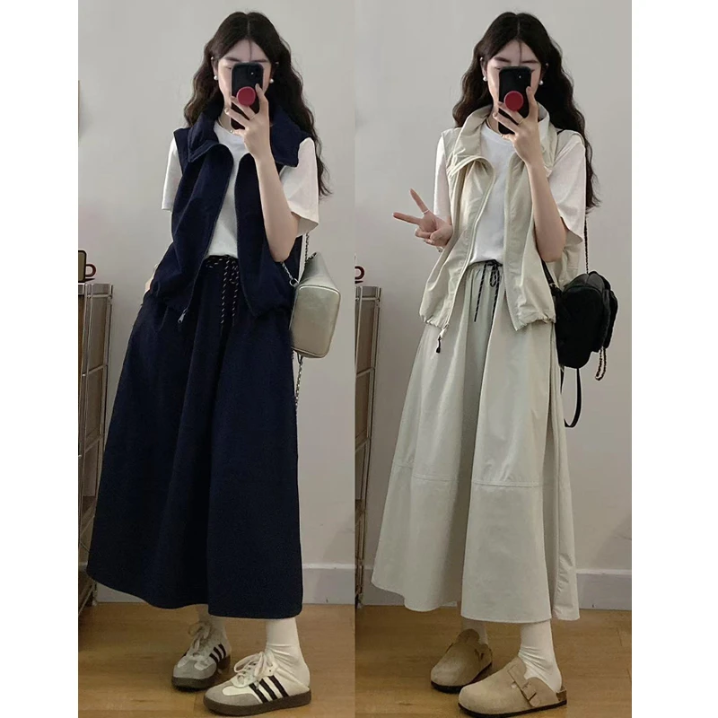 大码夏季新款胖mm立领马甲外套韩系宽松显瘦花苞裙T恤洋气穿搭