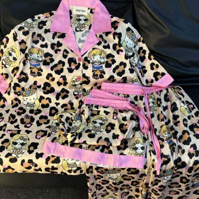 【卡通豹纹Kitty】春夏季丝质新潮牌可外穿居家服套装