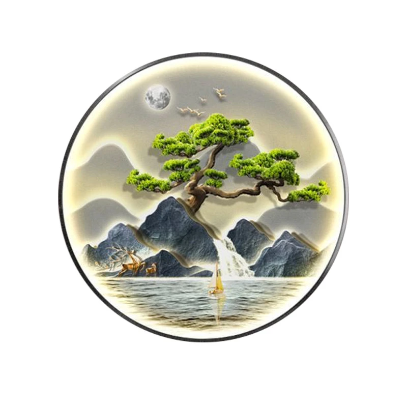 迎客松圆形新中式发光玄关装饰画山水LED灯光画茶室走廊壁画挂画