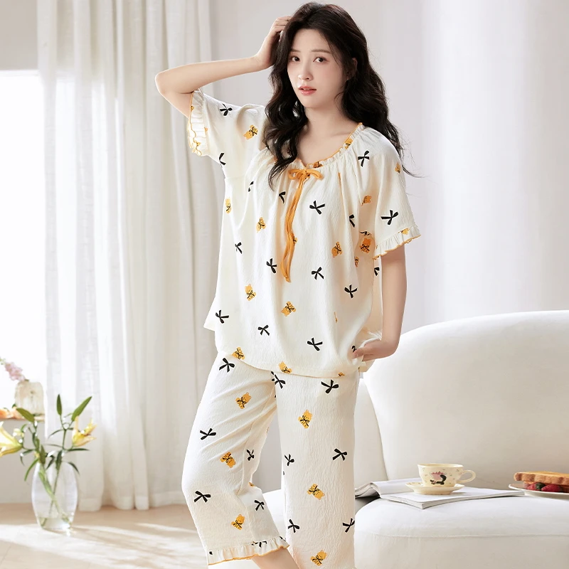 8H7211夏季带胸垫云朵棉短袖七分裤休闲女睡衣家居服套装HMF