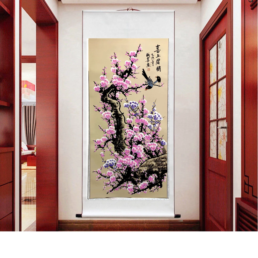 纯手绘国画竖副卷轴装裱古底粉色梅花175*73cm