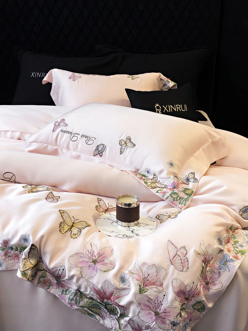 柔丝宇【蝶舞花间】高端线下长绒棉江南苏绣四件套绣花被套床单