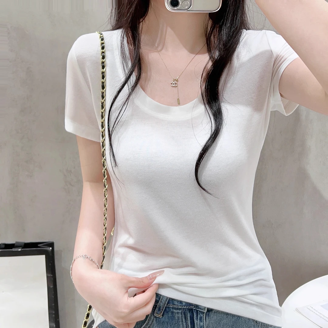 白色u领正肩短袖T恤女夏季高级感显瘦露锁骨紧身收腰内搭打底上衣