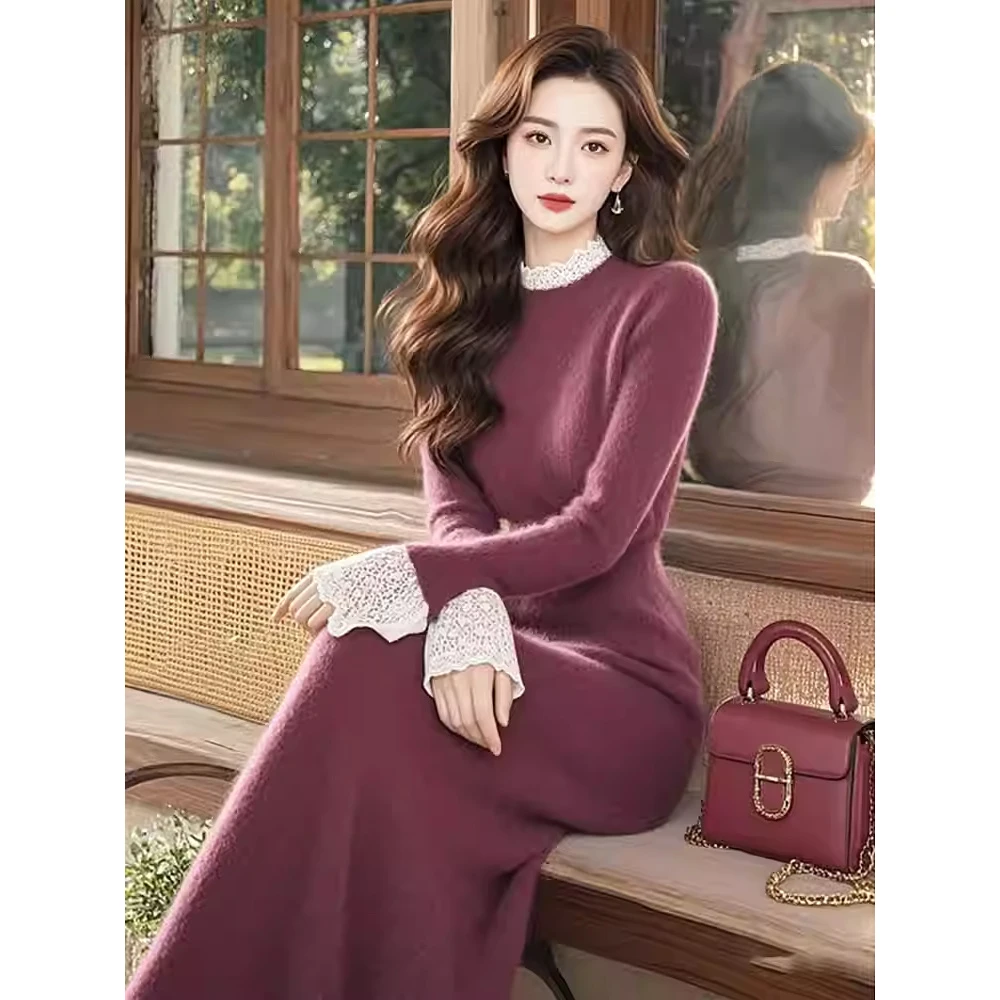 显瘦长袖秋冬季法式高级感绝美时尚气质内搭紫色针织连衣长裙