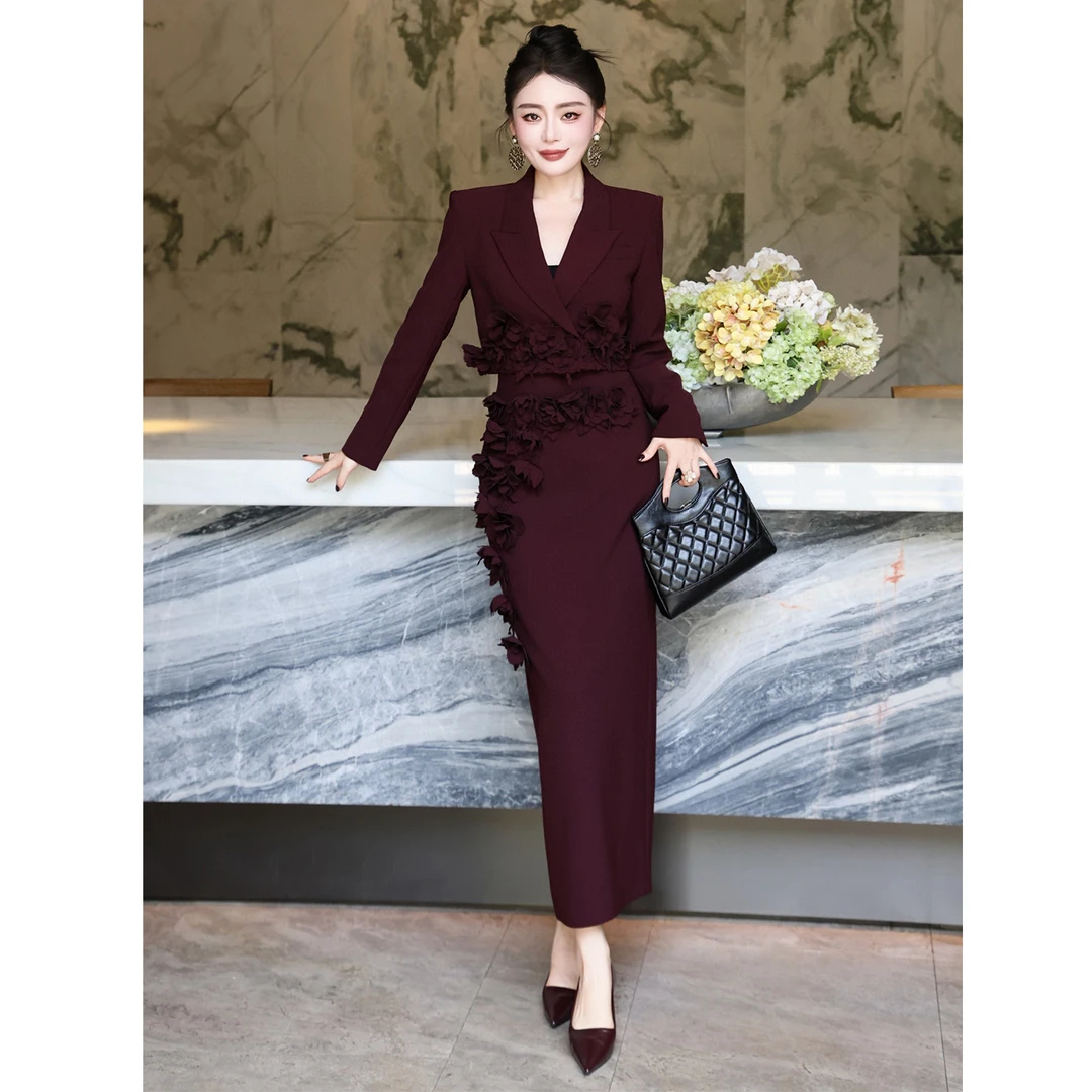 法式高级感名媛风时尚气质立体花朵设计感显瘦西服外套半裙两件套