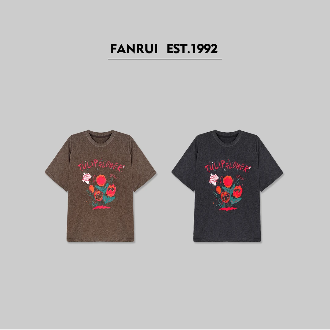 FANRUI/泛芮「繁花夜宴」休闲百搭韩系ins正肩短袖印花T恤女B15688