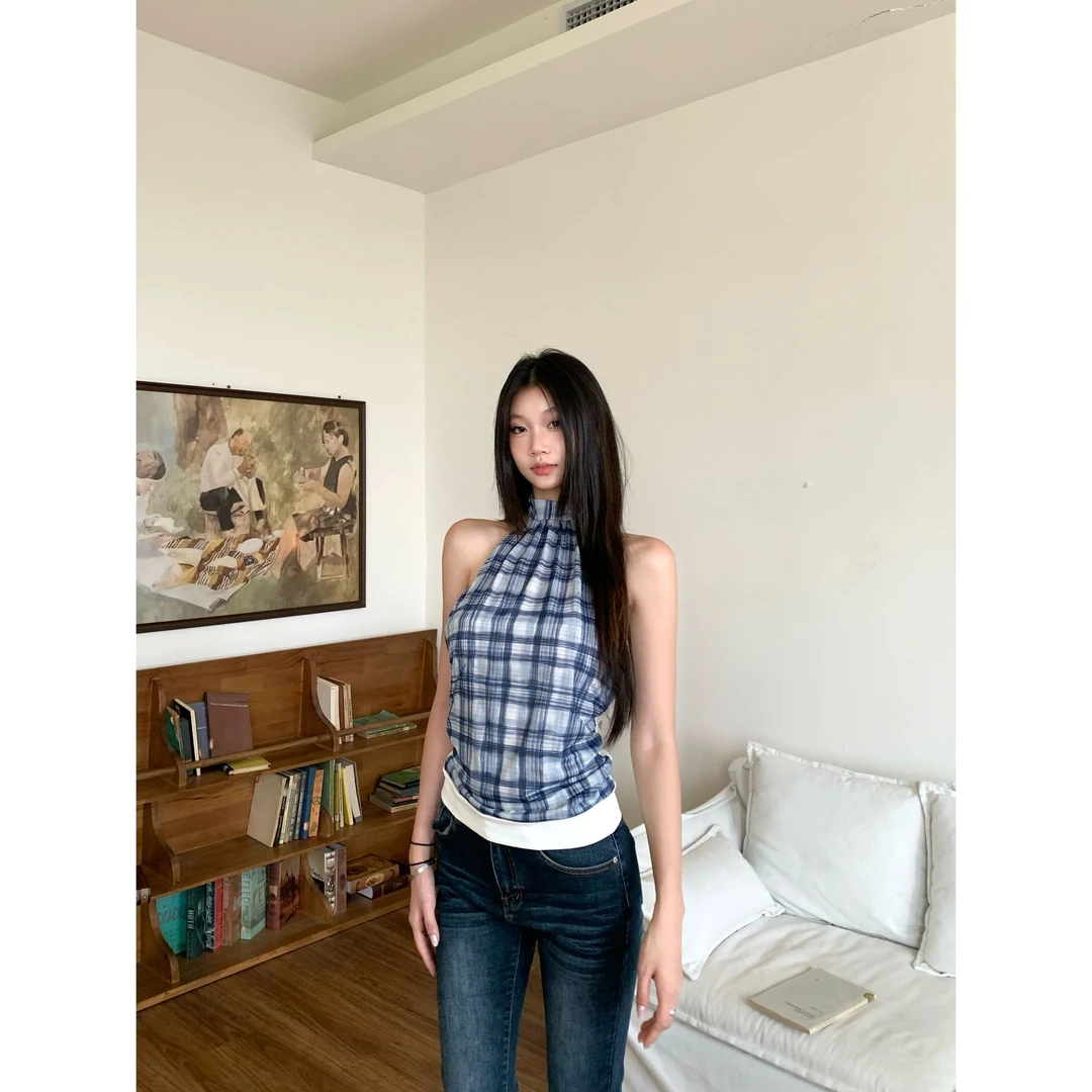 withmin凉皮 西部夏日 格纹挂脖无袖拼接修身辣妹背心上衣2523587