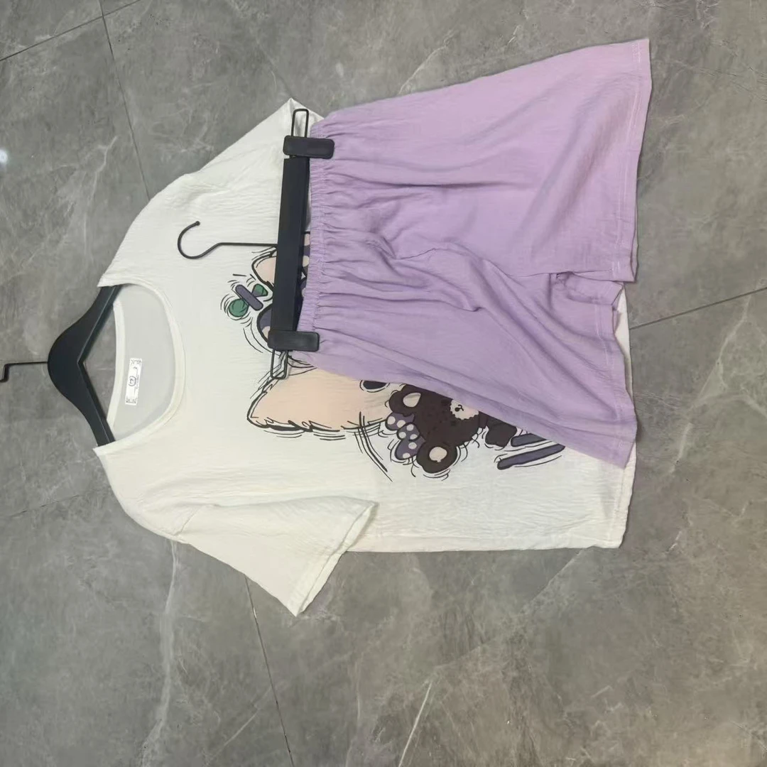 夏季带胸垫短袖短裤可爱卡通女孩棉质家居服睡衣