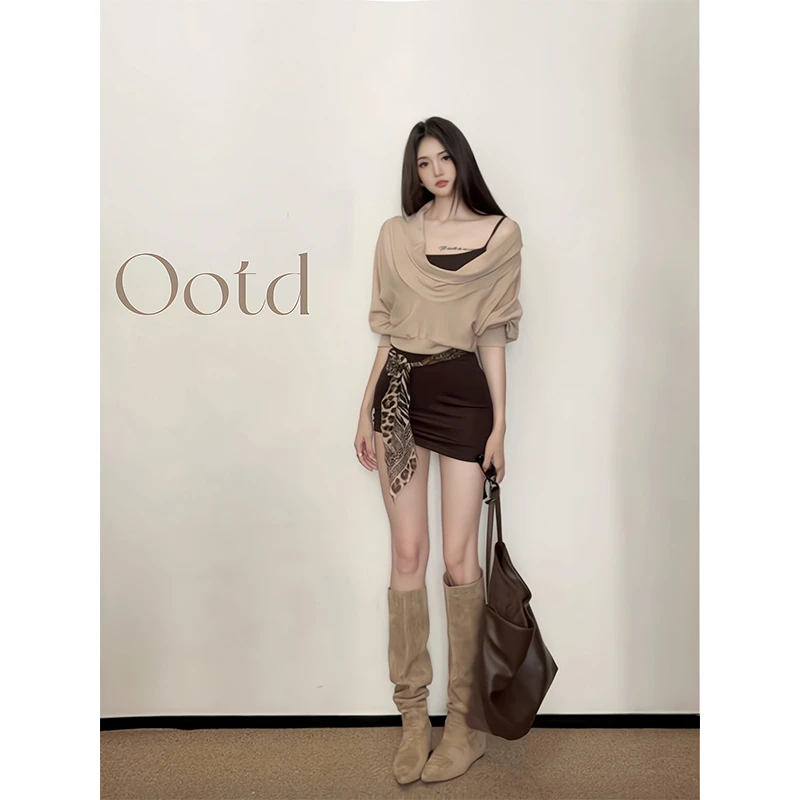 2025新款女士早秋季慵懒风纯欲露肩长袖T恤罩衫修身辣妹连衣裙