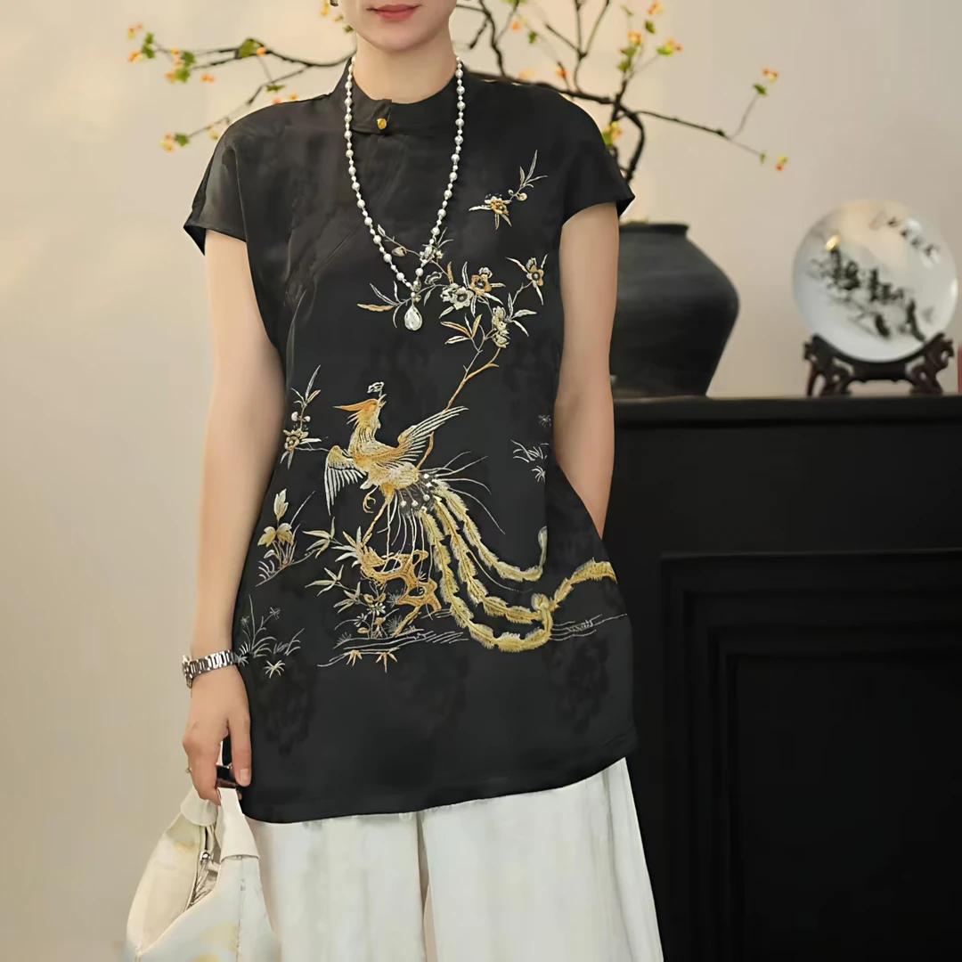 夏季新款立领T恤绣花提花黑色短袖中长款新中式气质上衣A268
