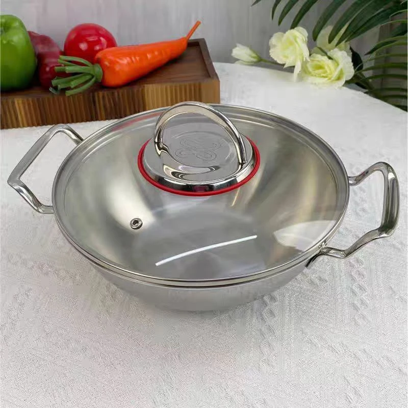 18/10不锈钢小型火锅户外干锅小炒锅可燃气电磁炉海鲜锅带盖【欧1】