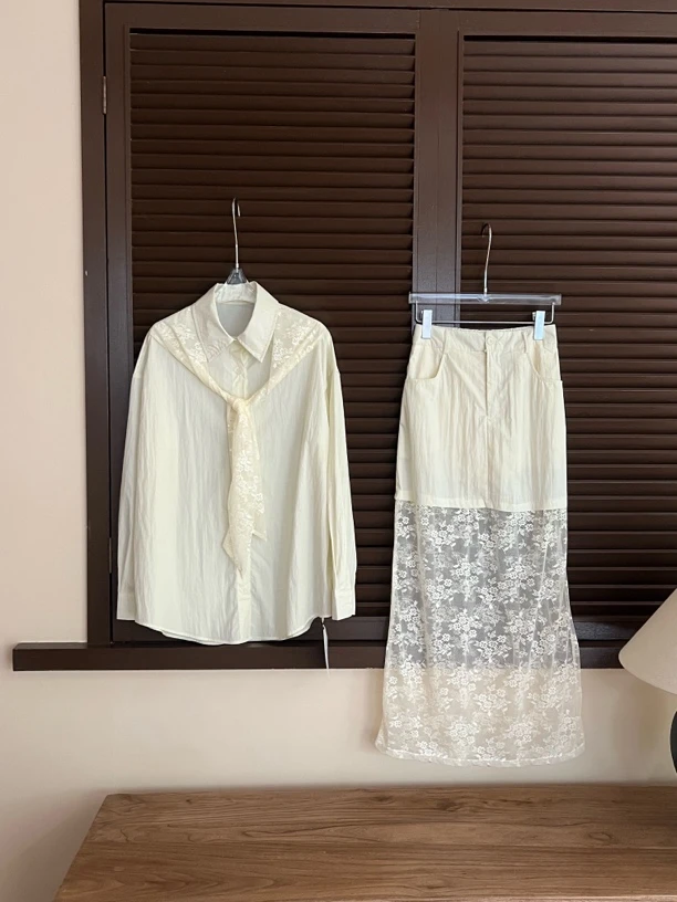 【造梦空间】26182夏季衬衣蕾丝披肩宽松衬衫韩系上衣+蕾丝半身裙