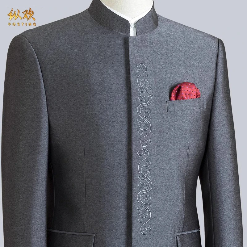 纵欢西服套装男士中华立领中山装刺绣中式结婚礼服